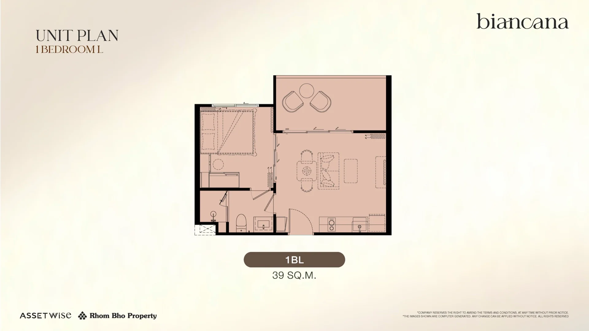The Title Biancana 1 Bedroom L floor plan, 39 m²